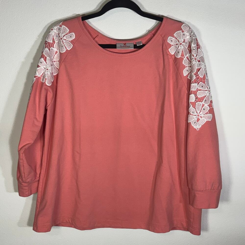 Quacker Factory Pink Lace Floral Shoulder Top XL 3/4 Sleeve Jeanne Bice